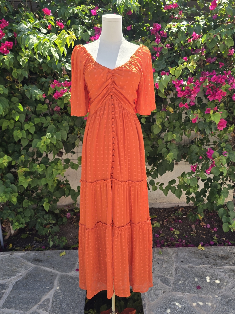 Anthropologie Bright Orange Tiered Maxi Dress with Button Front